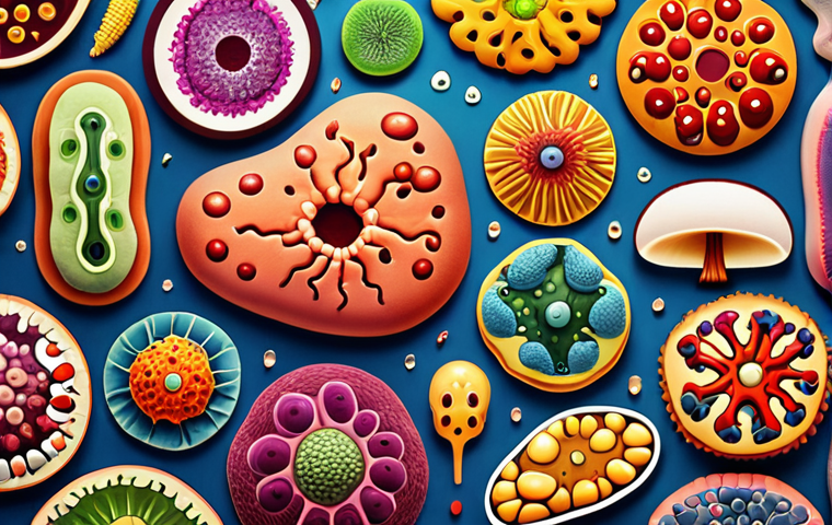 **
"A vibrant, colorful illustration depicting a diverse gut microbiome ecosystem. Show various types of bacteria, fungi, and viruses interacting in a healthy gut environment. The background should subtly include representations of the immune system, brain, and body weight scales, symbolizing the gut's influence on these areas."
**