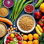 **A vibrant and diverse garden scene representing a healthy gut microbiome.** Show lush fruits, vegetables, whole grains, and legumes thriving alongside various beneficial bacteria (represented abstractly). Emphasize balance and harmony, contrasting with a corner showing processed foods and sugar struggling to grow.