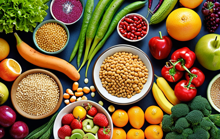 **A vibrant and diverse garden scene representing a healthy gut microbiome.** Show lush fruits, vegetables, whole grains, and legumes thriving alongside various beneficial bacteria (represented abstractly). Emphasize balance and harmony, contrasting with a corner showing processed foods and sugar struggling to grow.