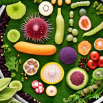 **A diverse and thriving gut microbiome garden:** Visualize a flourishing garden scene inside the human gut, showcasing a vibrant ecosystem with various beneficial bacteria (Lactobacillus, Bifidobacterium) depicted as healthy plants and microorganisms. The background should represent a healthy digestive system with ample fiber-rich foods (fruits, vegetables) being broken down effectively.
