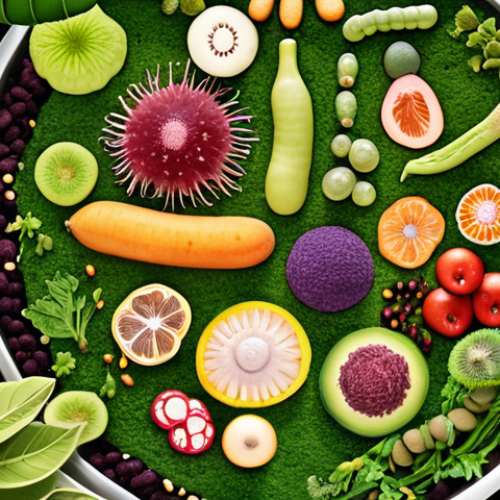 **A diverse and thriving gut microbiome garden:** Visualize a flourishing garden scene inside the human gut, showcasing a vibrant ecosystem with various beneficial bacteria (Lactobacillus, Bifidobacterium) depicted as healthy plants and microorganisms. The background should represent a healthy digestive system with ample fiber-rich foods (fruits, vegetables) being broken down effectively.