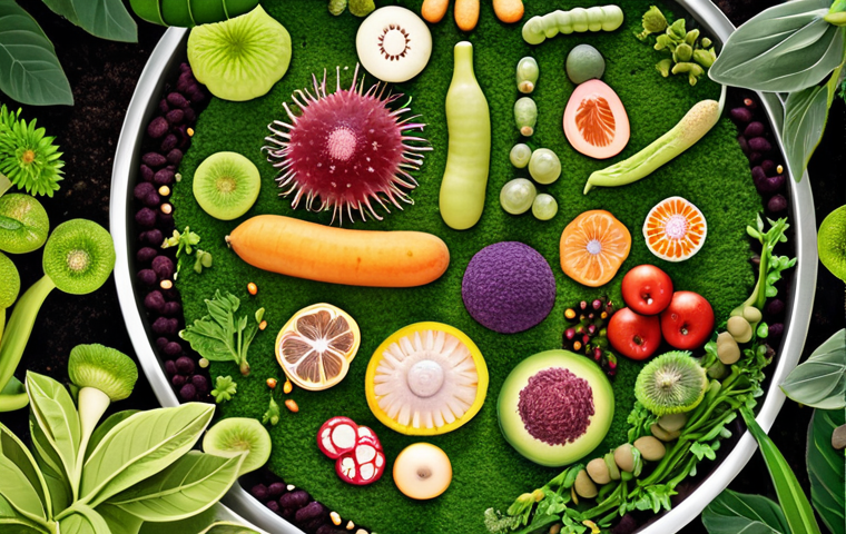 **A diverse and thriving gut microbiome garden:** Visualize a flourishing garden scene inside the human gut, showcasing a vibrant ecosystem with various beneficial bacteria (Lactobacillus, Bifidobacterium) depicted as healthy plants and microorganisms. The background should represent a healthy digestive system with ample fiber-rich foods (fruits, vegetables) being broken down effectively.