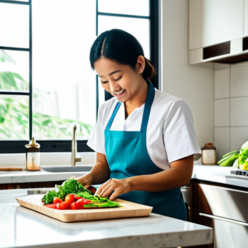 A professional, wholesome image of a person in modest, comfortable attire, carefully preparing a healthy meal in a brightly lit, modern kitchen. The scene features fresh, vibrant vegetables, fruits, and traditional Malaysian fermented foods like tempeh and ulam on a clean countertop. Natural light streams through a large window, creating a calm and focused atmosphere of wellness. The subject is fully clothed, appropriate attire, safe for work, family-friendly, perfect anatomy, correct proportions, natural pose, well-formed hands, proper finger count, natural body proportions, high-quality professional photography.