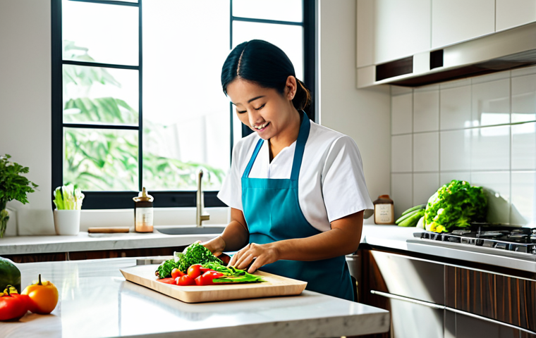 A professional, wholesome image of a person in modest, comfortable attire, carefully preparing a healthy meal in a brightly lit, modern kitchen. The scene features fresh, vibrant vegetables, fruits, and traditional Malaysian fermented foods like tempeh and ulam on a clean countertop. Natural light streams through a large window, creating a calm and focused atmosphere of wellness. The subject is fully clothed, appropriate attire, safe for work, family-friendly, perfect anatomy, correct proportions, natural pose, well-formed hands, proper finger count, natural body proportions, high-quality professional photography.