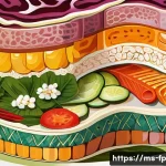 Home 21 마이크로바이옴과 미세먼지의 영향 - A vibrant, detailed cross-section illustration of a healthy human gut microbiome inside the intestin...