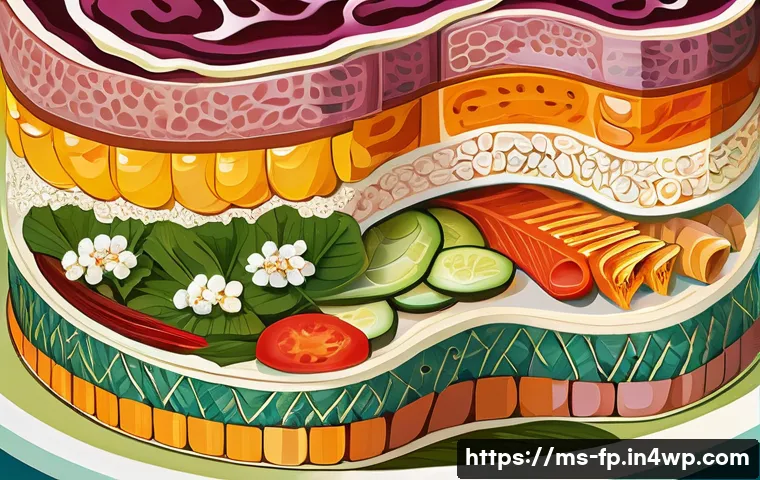 마이크로바이옴과 미세먼지의 영향 - A vibrant, detailed cross-section illustration of a healthy human gut microbiome inside the intestin...