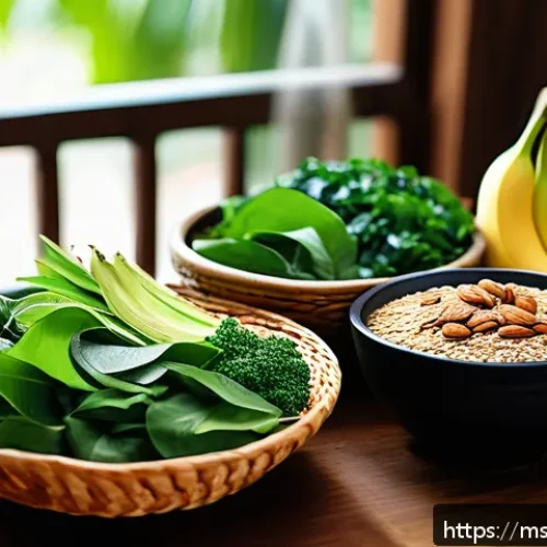 Home 32 마이크로바이옴 건강을 위한 자연 요법 - A vibrant Malaysian kitchen scene showcasing a variety of natural fiber-rich foods on a traditional ...