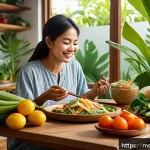 Home 18 마이크로바이옴과 불면증의 상관관계 - A vibrant and detailed illustration of a Malaysian woman enjoying a balanced meal rich in prebiotics...