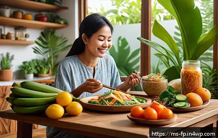 마이크로바이옴과 불면증의 상관관계 - A vibrant and detailed illustration of a Malaysian woman enjoying a balanced meal rich in prebiotics...