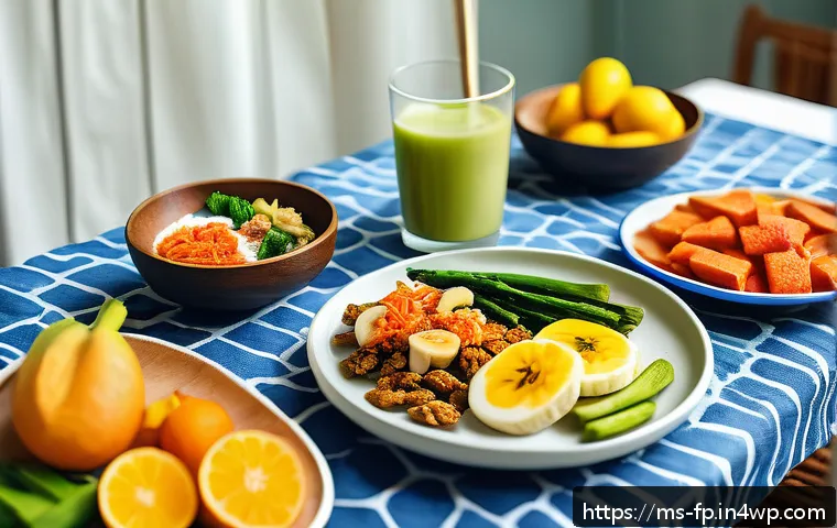 마이크로바이옴과 일상 속 스트레스 해소 방법 - A vibrant and detailed illustration of a diverse Malaysian breakfast table featuring probiotic-rich ...