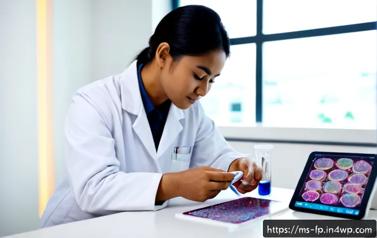 Home 17 마이크로바이옴과 신경계의 상관관계 - Photorealistic Malaysian biomedical researcher in a bright modern laboratory, studying colorful micr...