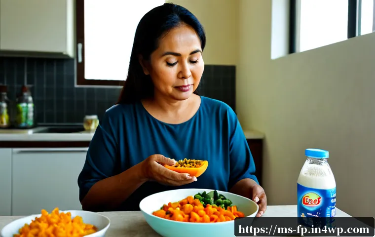 Home 17 마이크로바이옴과 불균형의 원인 - Photorealistic lifestyle scene in a bright Malaysian home kitchen, a middle-aged Malay woman thought...