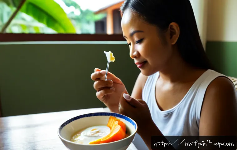 Home 17 프로바이오틱스가 마이크로바이옴에 미치는 영향 - Photorealistic close-up of a Malaysian adult enjoying a small bowl of plain yogurt with banana and p...